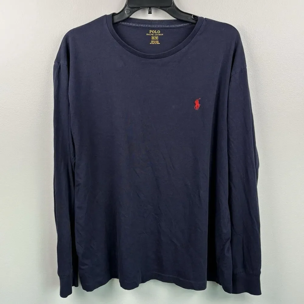 Polo Ralph Lauren, long sleeved men’s Medium pullover shirt navy cotton pony